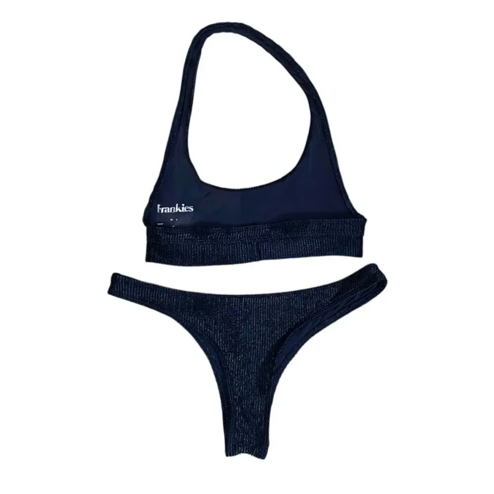 Frankie's Bikinis Ribbed Halter Scoop Top & Bottoms Bikini Set Black Swimsuit S